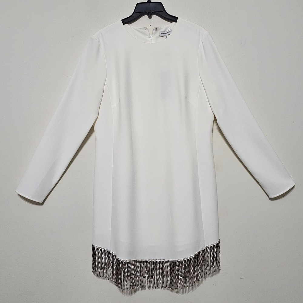 Gianni Bini Dress 10Medium White Mini Long Sleeve Round Neck Crystal Fringes 883